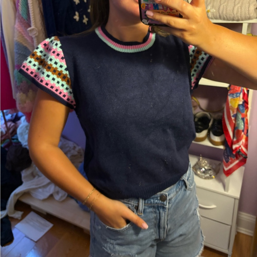 THML Navy Top with Colorful Knit Sleeves